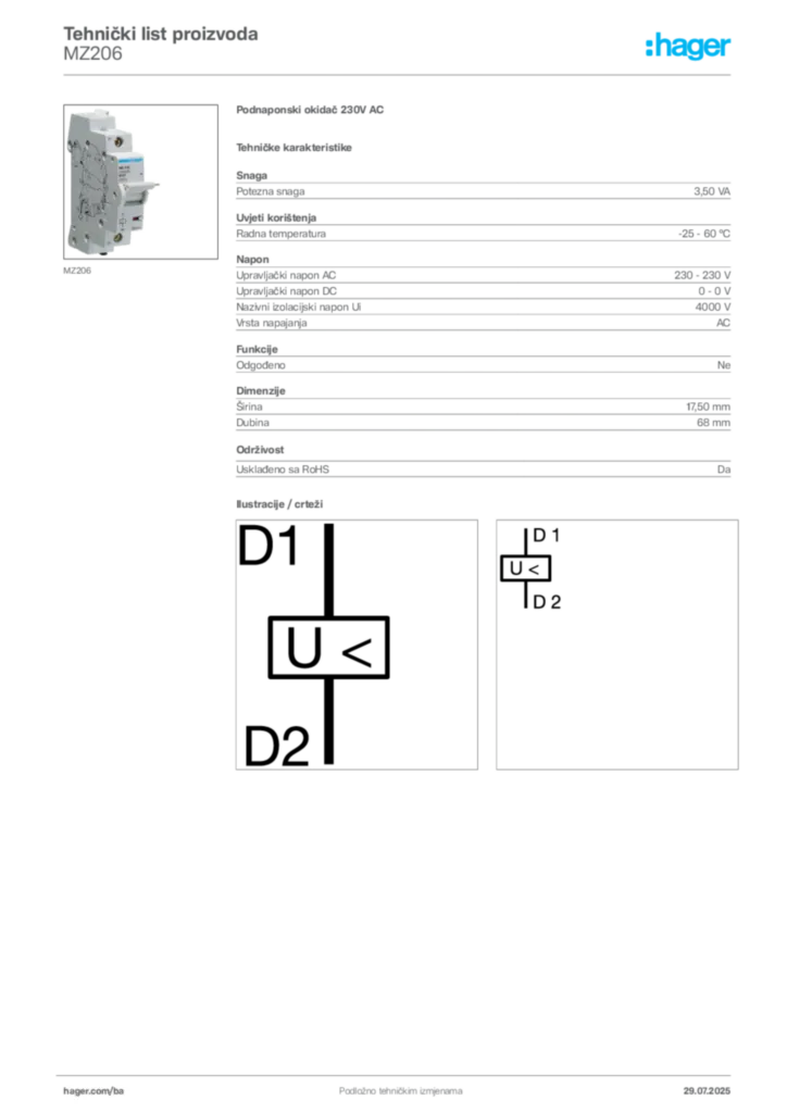 Slika Hager Product data sheet MZ206  | Hager