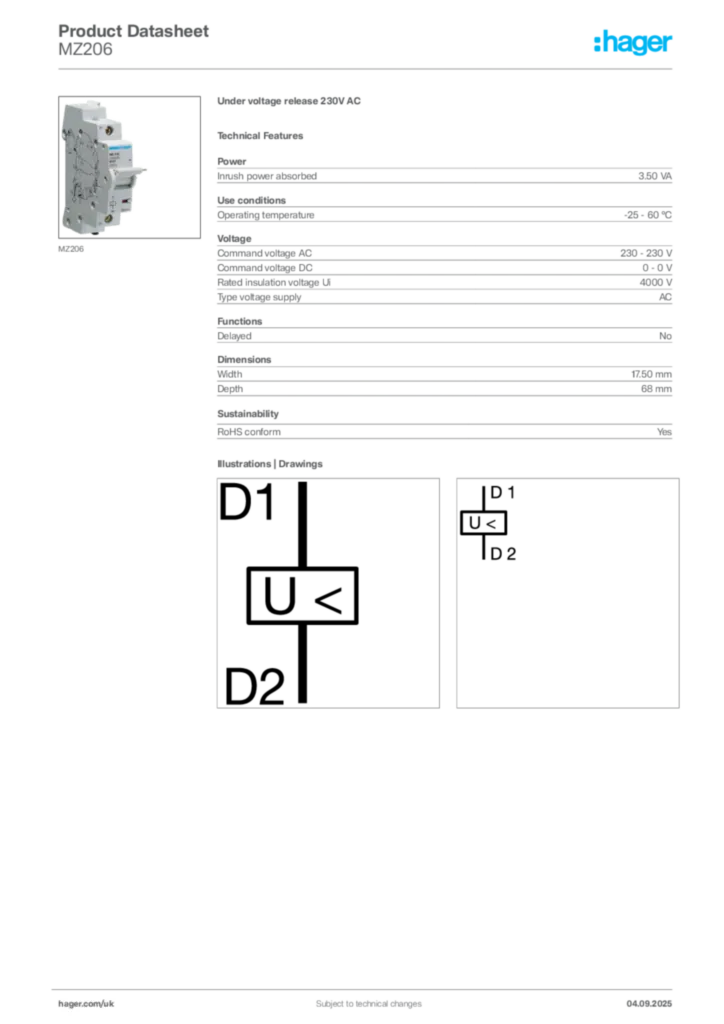 Image Hager Product data sheet MZ206  | Hager
