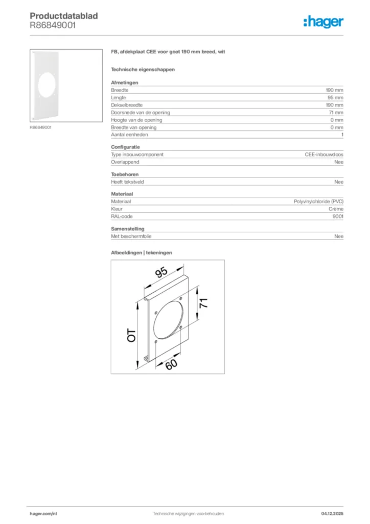 Afbeelding Hager Productdatablad R86849001 | Hager Nederland