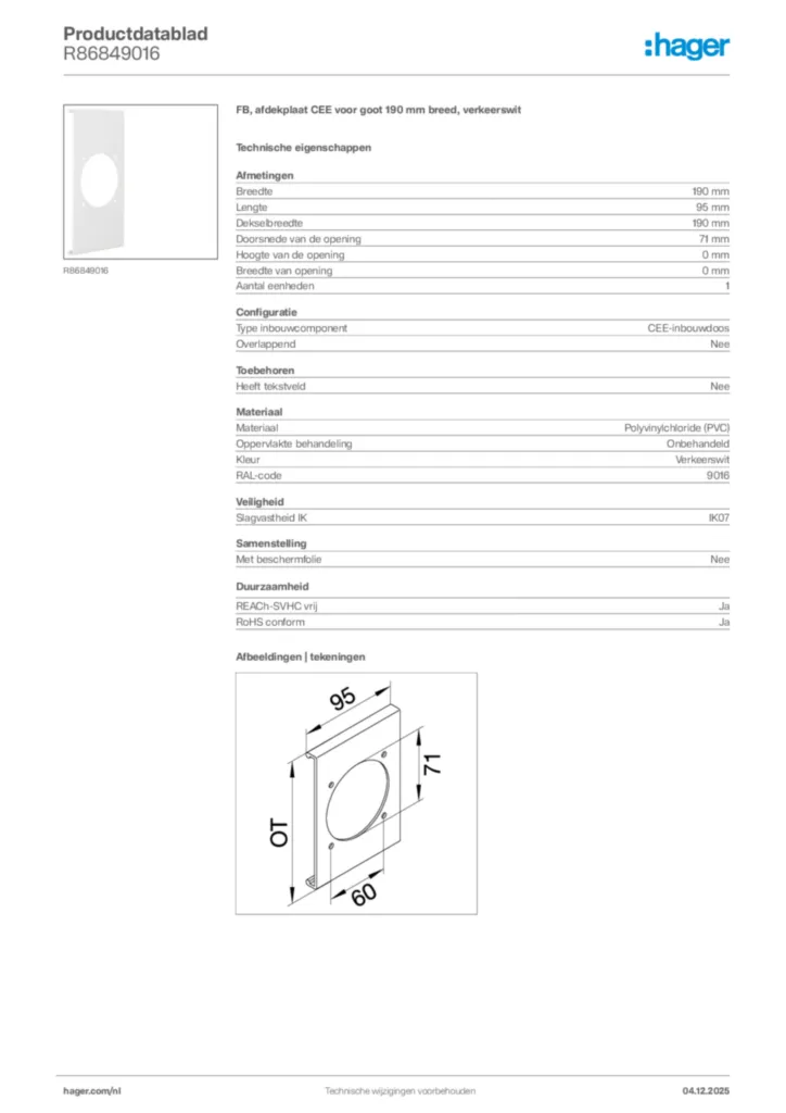 Afbeelding Hager Productdatablad R86849016 | Hager Nederland