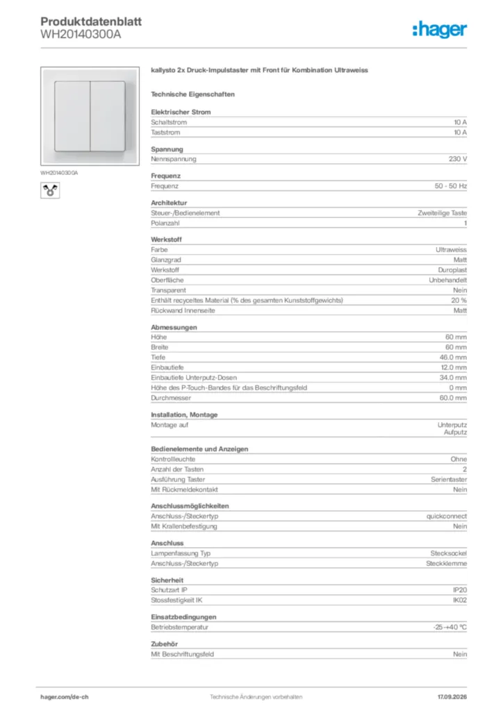 Bild Hager Produktdatenblatt WH20140300A | Hager Schweiz