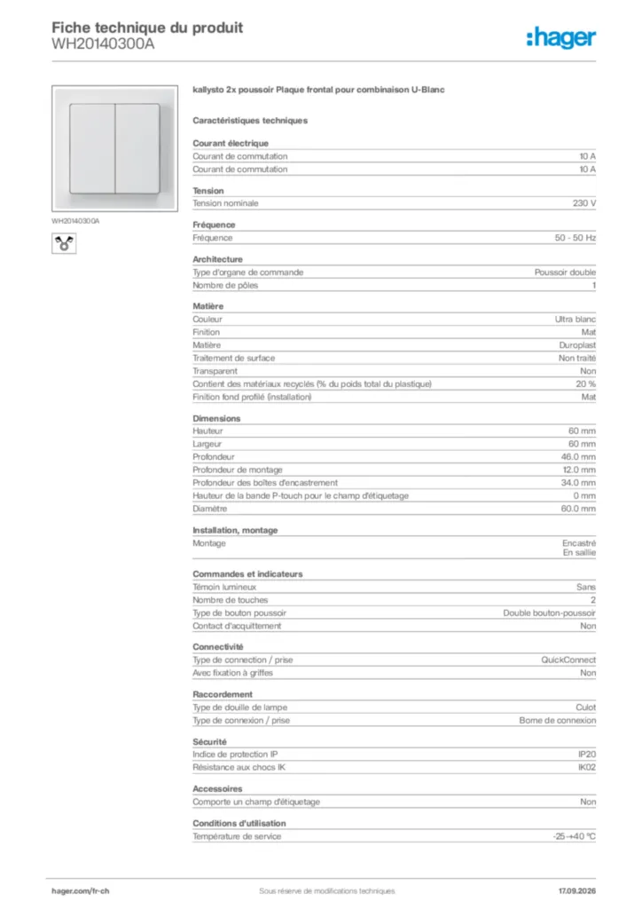 Image Hager Fiche technique du produit WH20140300A | Hager Suisse