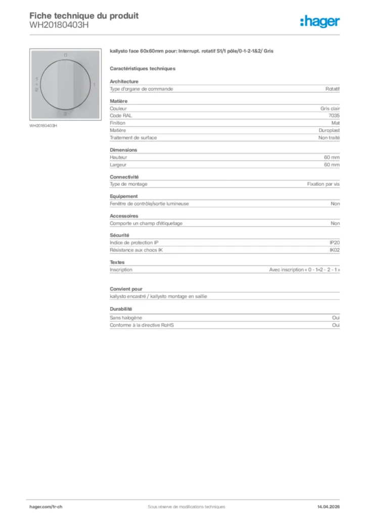 Image Hager Fiche technique du produit WH20180403H | Hager Suisse