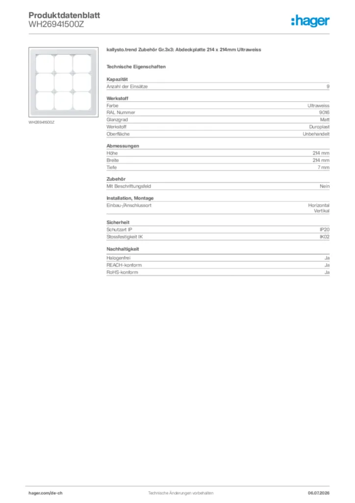 Bild Hager Produktdatenblatt WH26941500Z | Hager Schweiz