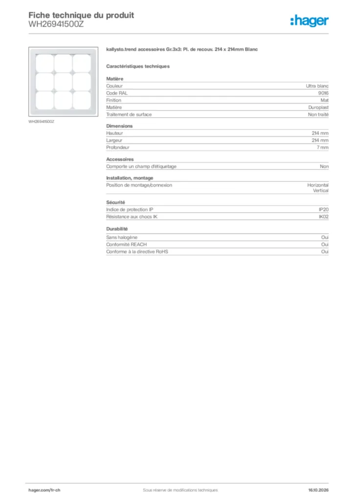 Image Hager Fiche technique du produit WH26941500Z | Hager Suisse