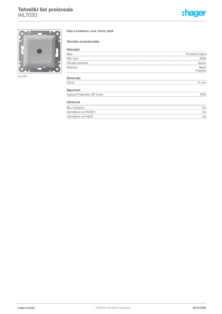 Slika Hager Product data sheet WL7030  | Hager