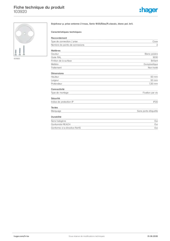 Image Hager Fiche technique du produit 103920 | Hager Belgique