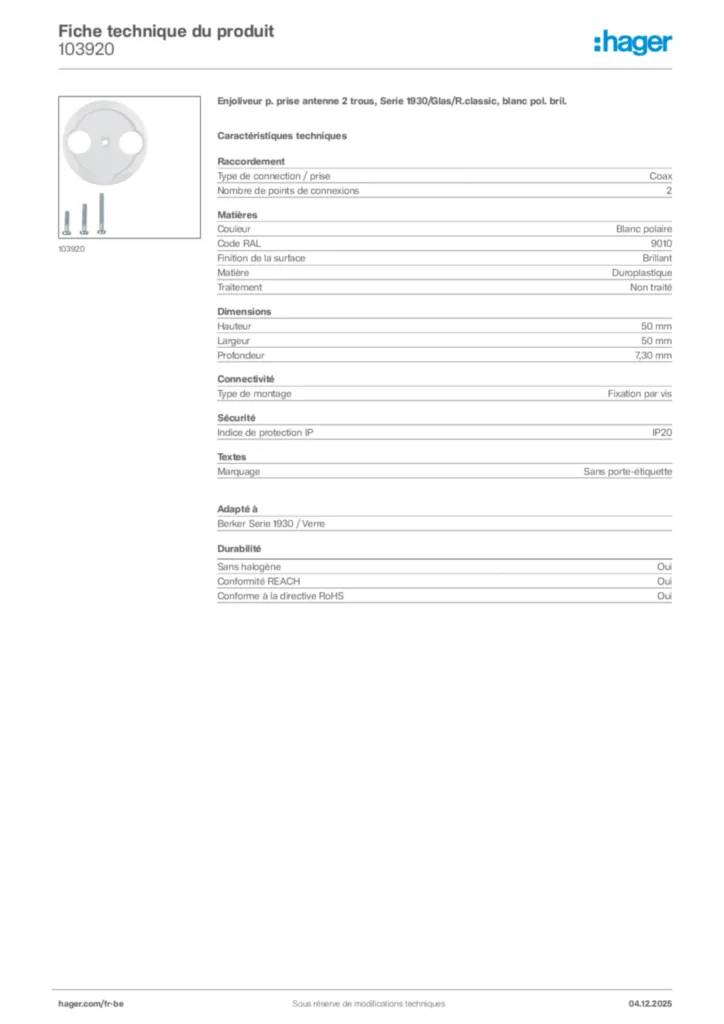 Image Hager Fiche technique du produit 103920 | Hager Belgique