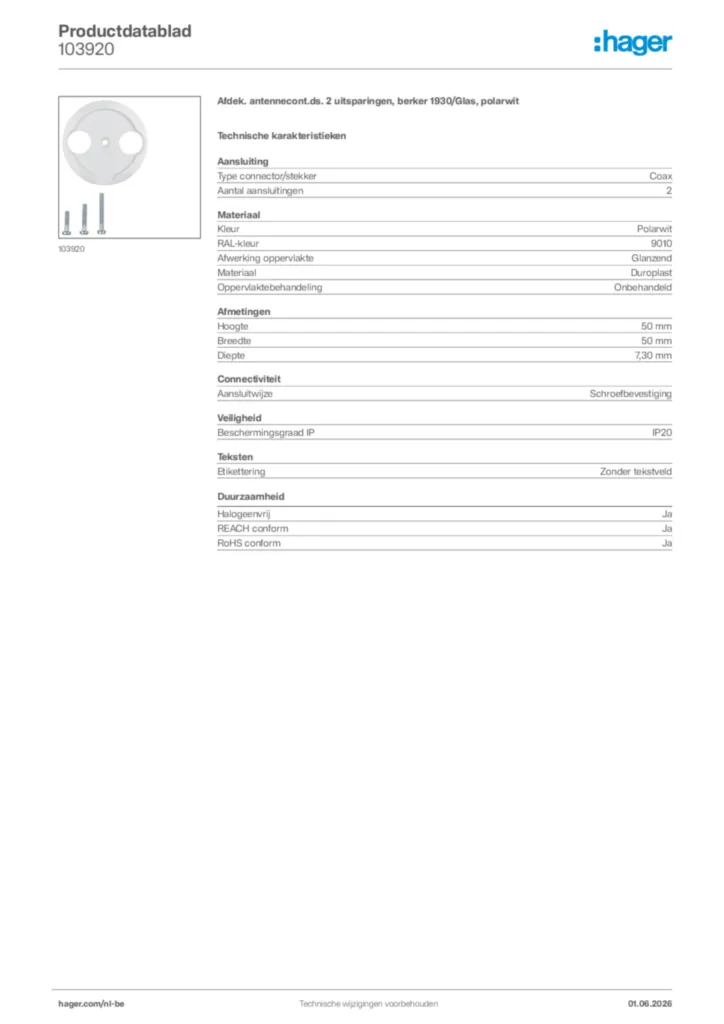 Afbeelding Hager Productdatablad 103920 | Hager Belgium