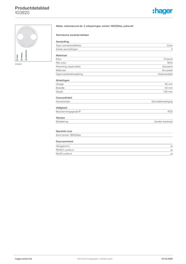 Afbeelding Hager Productdatablad 103920 | Hager Belgium