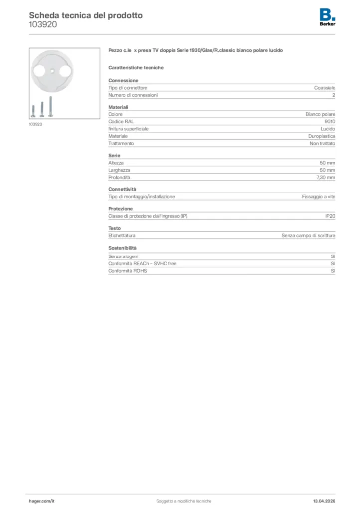 Immagine Berker Scheda tecnica del prodotto 103920 | Hager Italia