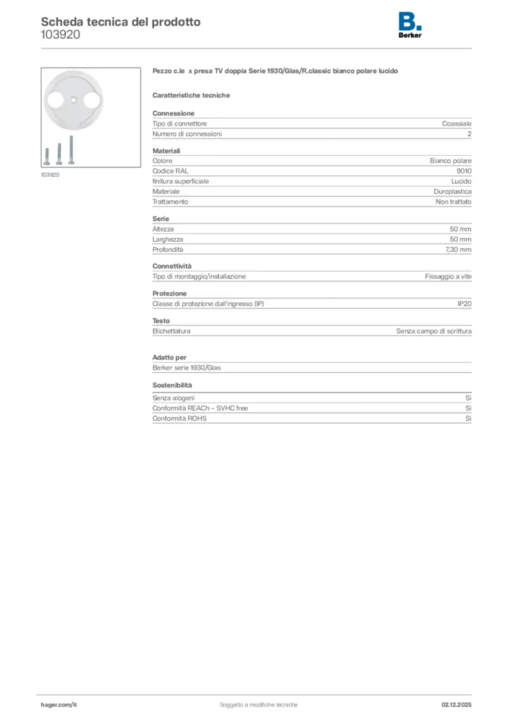 Immagine Berker Scheda tecnica del prodotto 103920 | Hager Italia