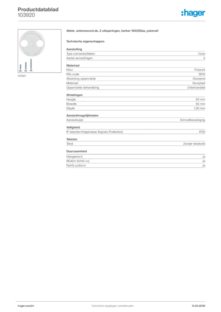Afbeelding Hager Productdatablad 103920 | Hager Nederland