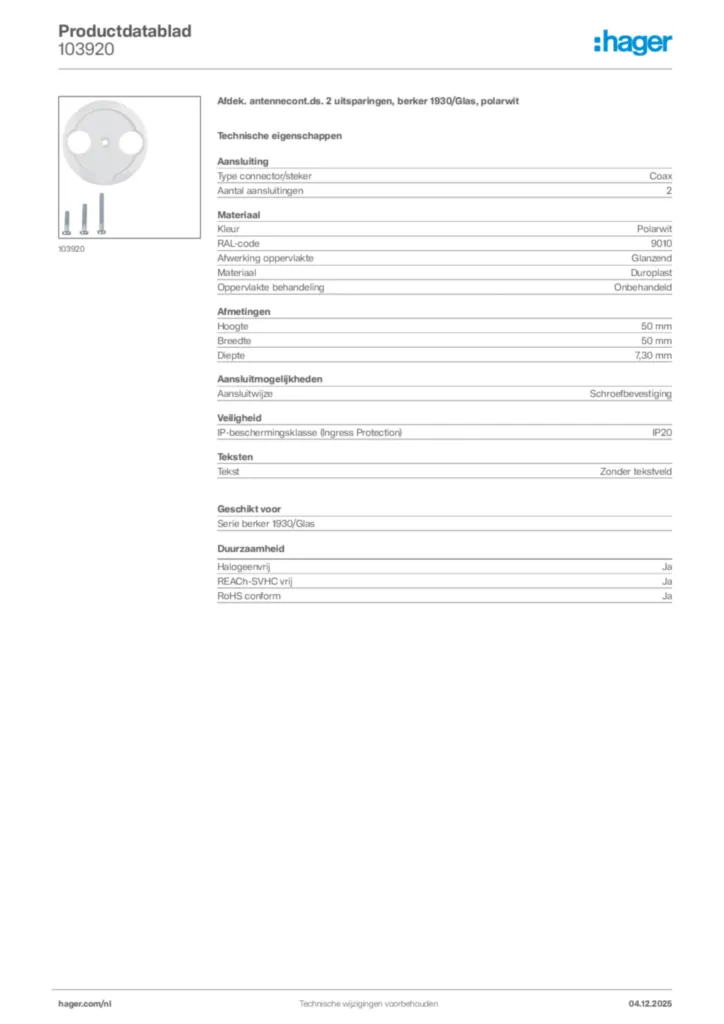 Afbeelding Hager Productdatablad 103920 | Hager Nederland