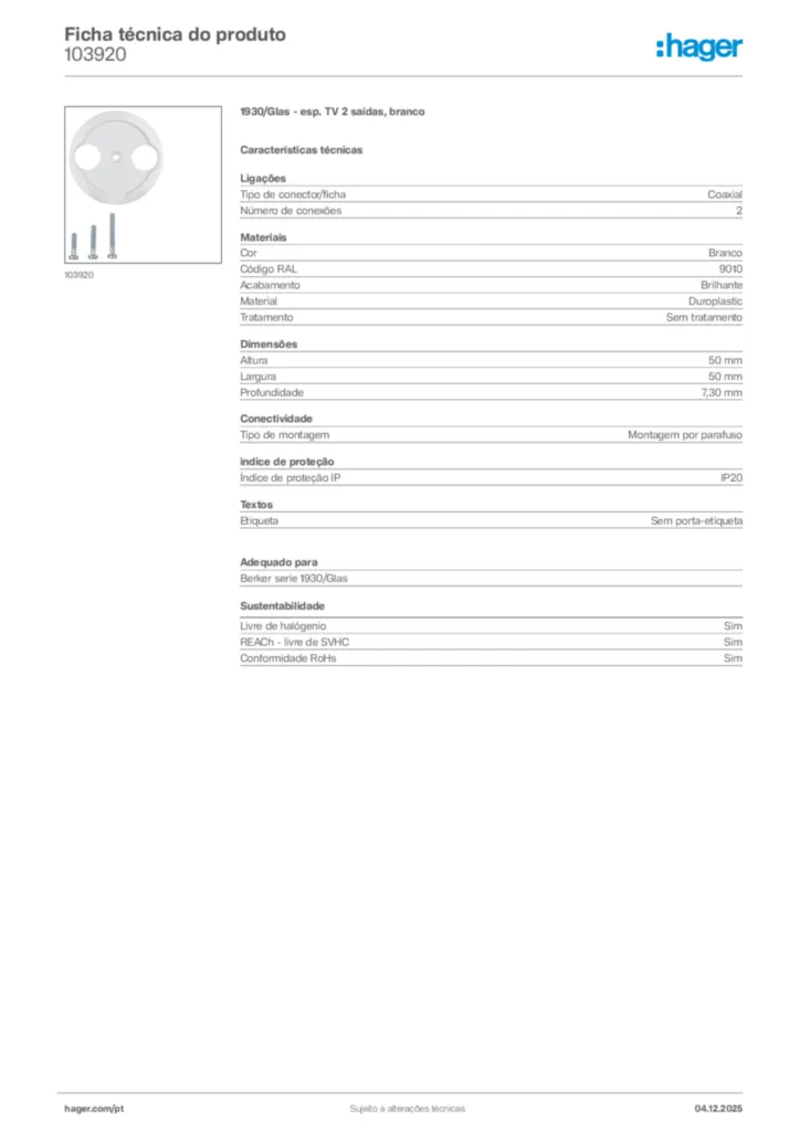 Imagem Hager Ficha técnica do produto 103920 | Hager Portugal