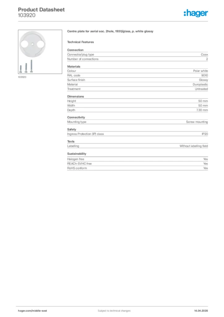 Image Hager Product data sheet 103920  | Hager