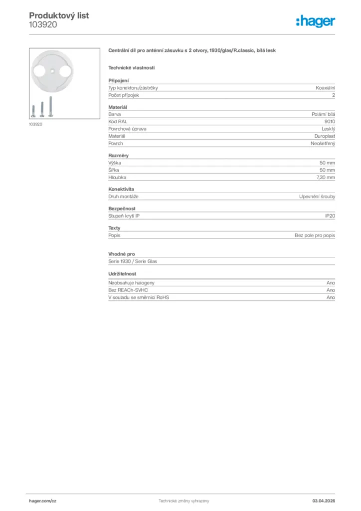 Obrázek Hager Product data sheet 103920 | Hager