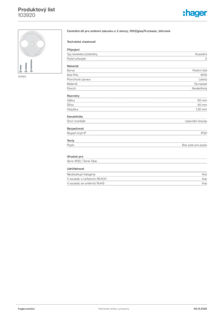 Obrázek Hager Product data sheet 103920 | Hager