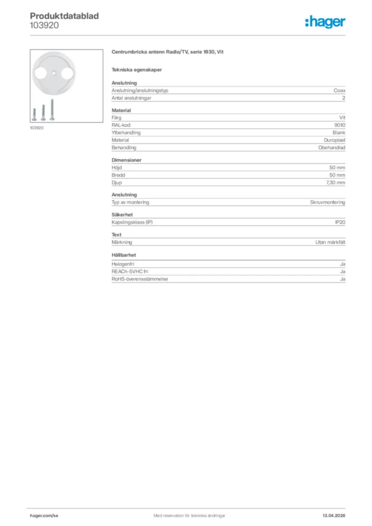 Bild Hager Produktdatablad 103920 | Hager Sverige