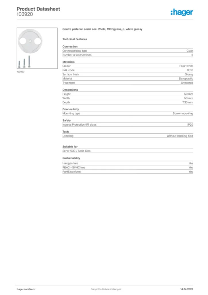 Image Hager Product data sheet 103920  | Hager