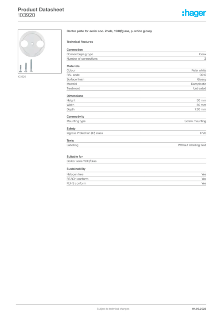 Image Hager Product data sheet 103920  | Hager