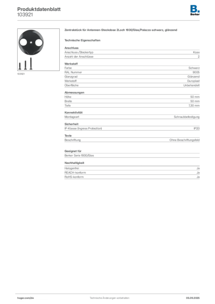 Bild Berker Produktdatenblatt 103921 | Hager Deutschland