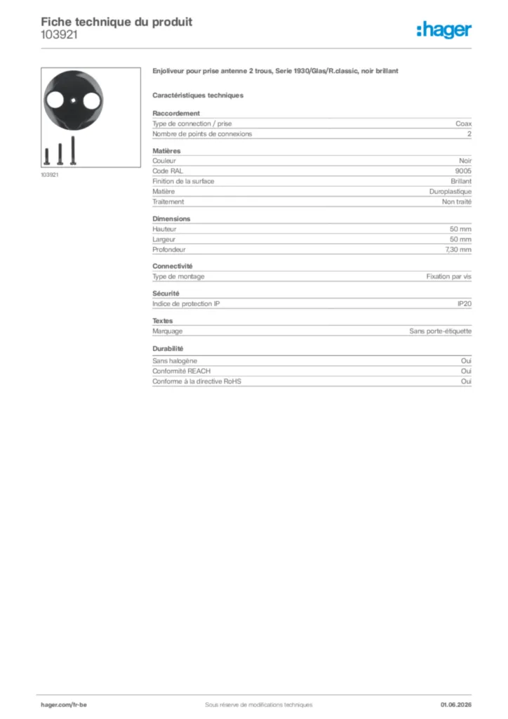 Image Hager Fiche technique du produit 103921 | Hager Belgique