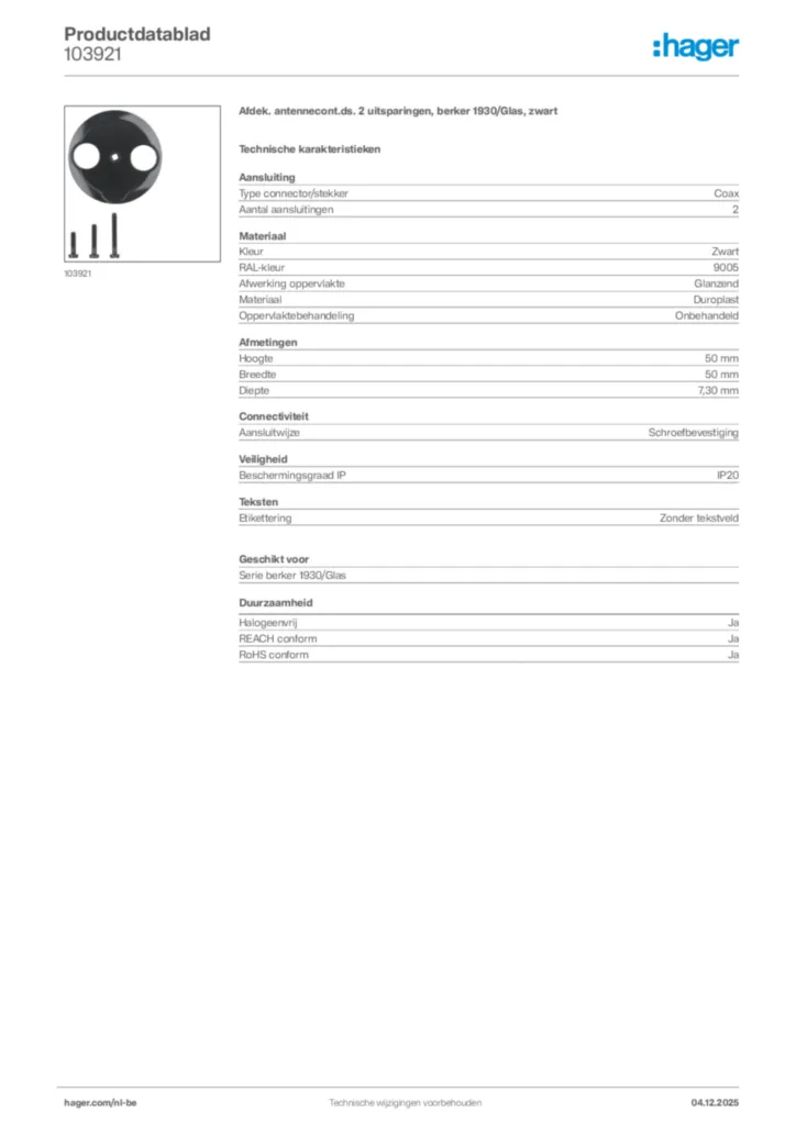 Afbeelding Hager Productdatablad 103921 | Hager Belgium