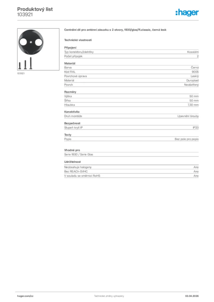 Obrázek Hager Product data sheet 103921 | Hager