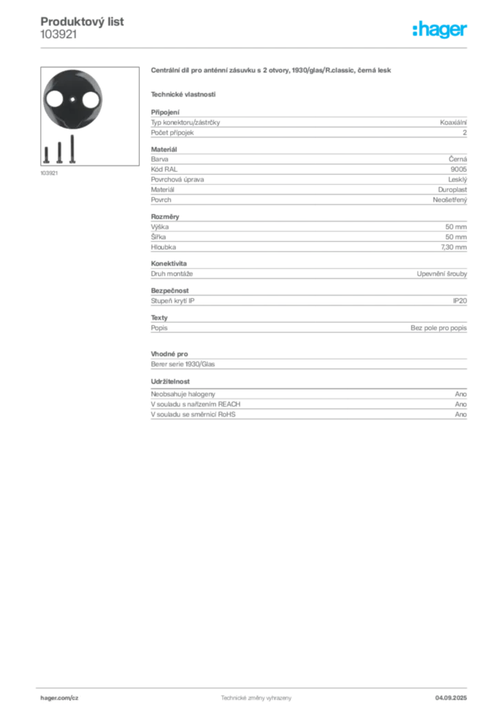 Obrázek Hager Produktový list 103921 | Hager