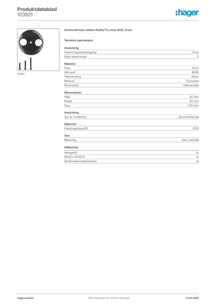 Bild Hager Produktdatablad 103921 | Hager Sverige