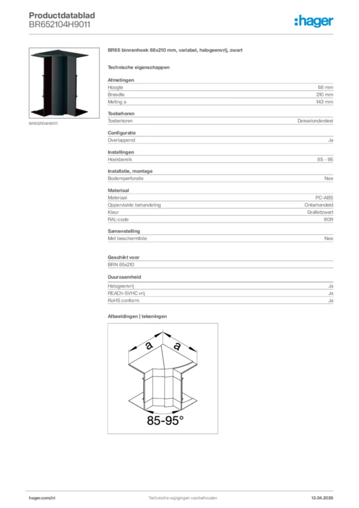 Afbeelding Hager Productdatablad BR652104H9011 | Hager Nederland