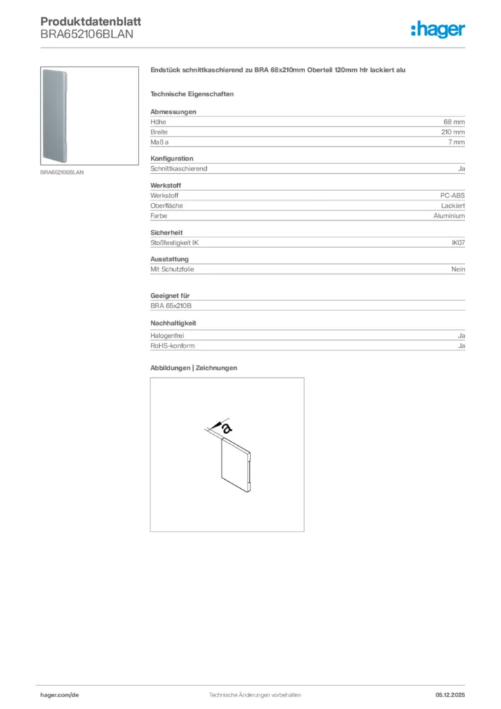 Bild Hager Produktdatenblatt BRA652106BLAN | Hager Deutschland