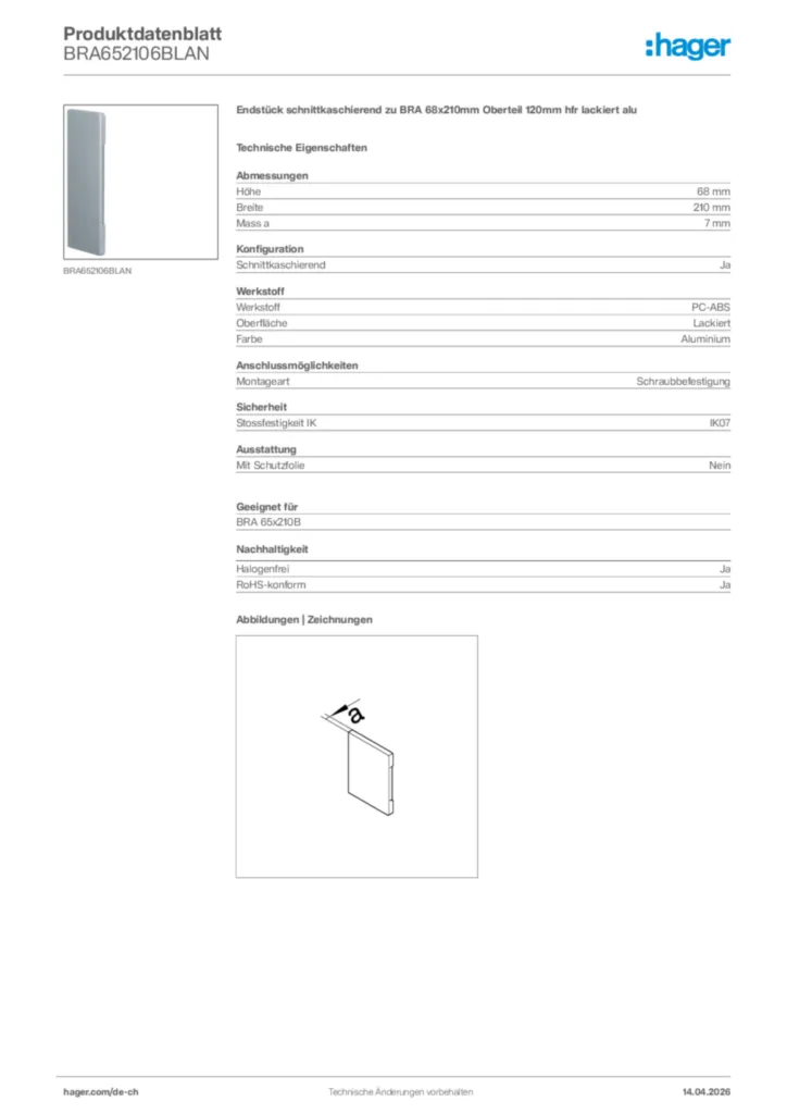 Bild Hager Produktdatenblatt BRA652106BLAN | Hager Schweiz