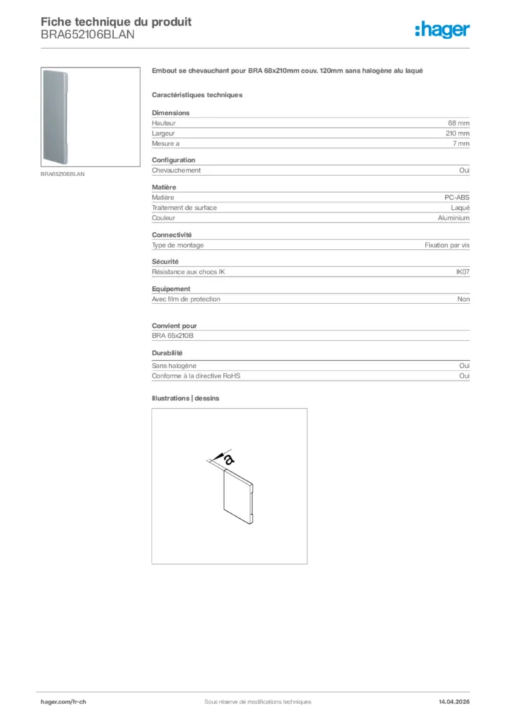 Image Hager Fiche technique du produit BRA652106BLAN | Hager Suisse