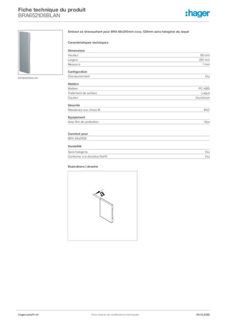 Image Hager Fiche technique du produit BRA652106BLAN | Hager Suisse