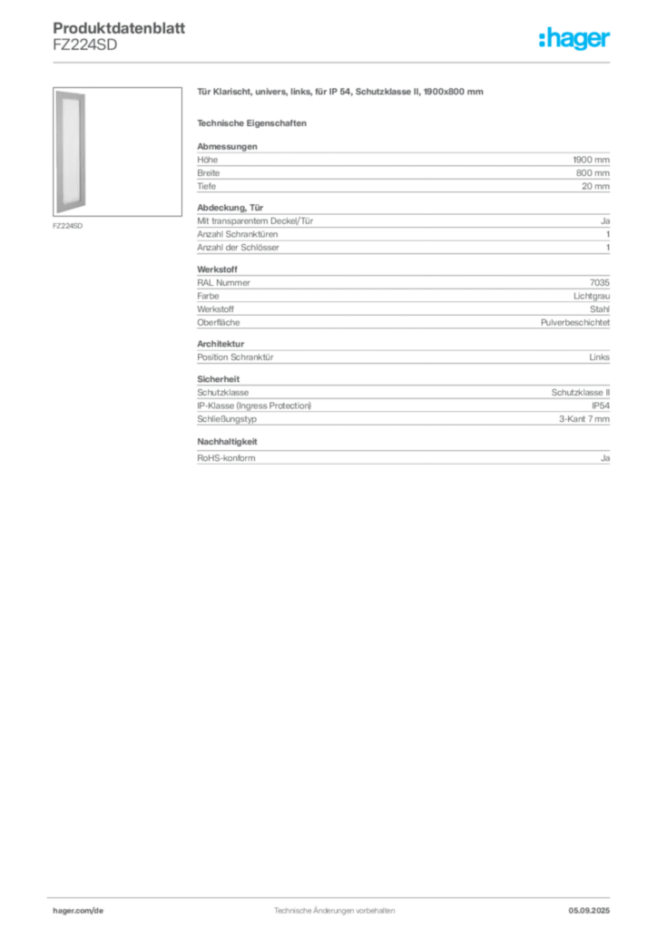 Bild Hager Produktdatenblatt FZ224SD | Hager Deutschland