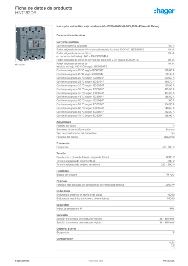 Imagen Hager Ficha de datos de producto HNT162DR | Hager España