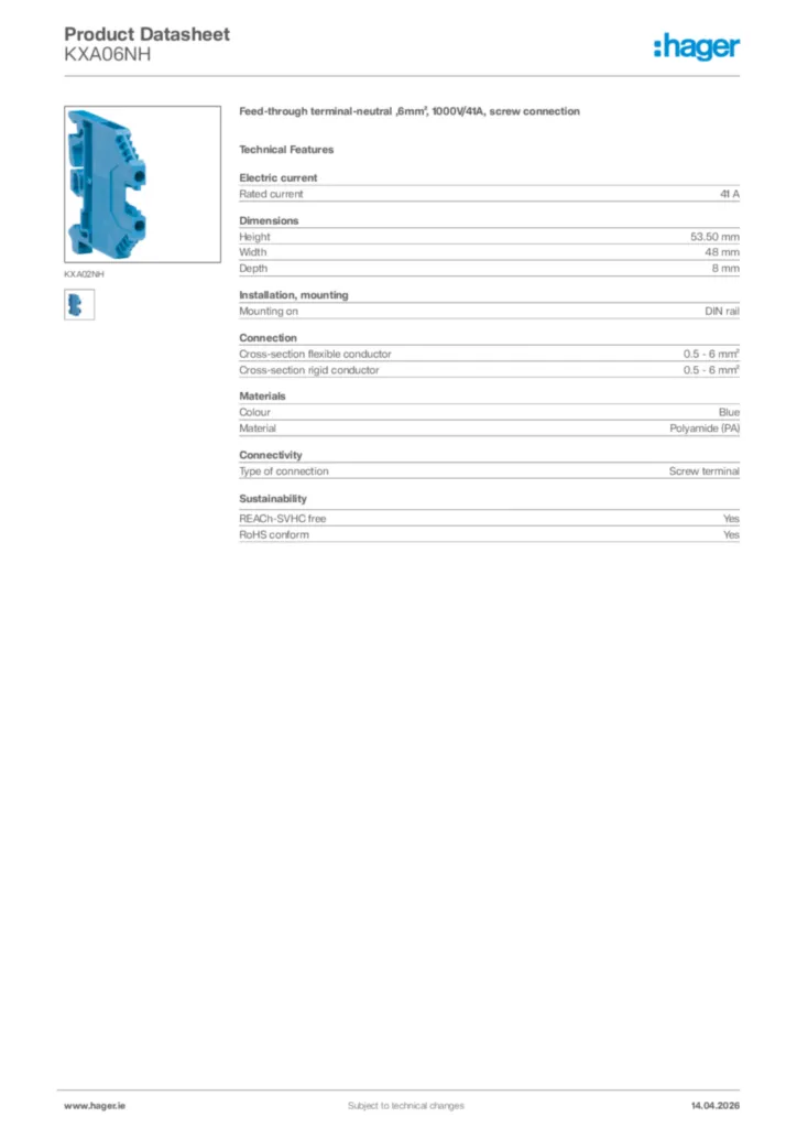 Image Hager Product data sheet KXA06NH  | Hager