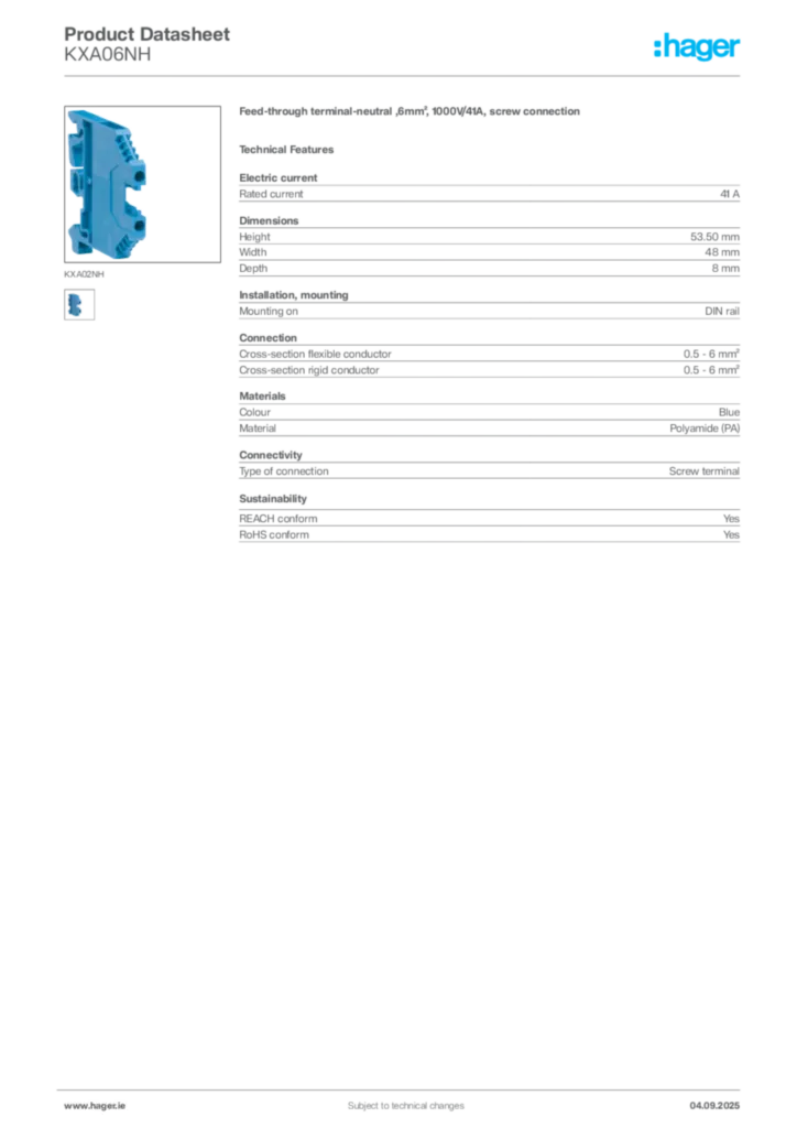 Image Hager Product data sheet KXA06NH  | Hager