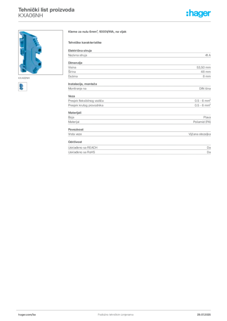 Slika Hager Product data sheet KXA06NH  | Hager