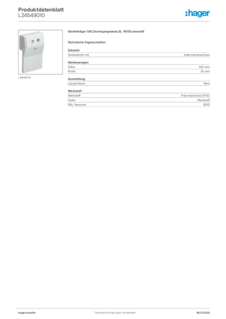 Bild Hager Produktdatenblatt L24549010 | Hager Deutschland