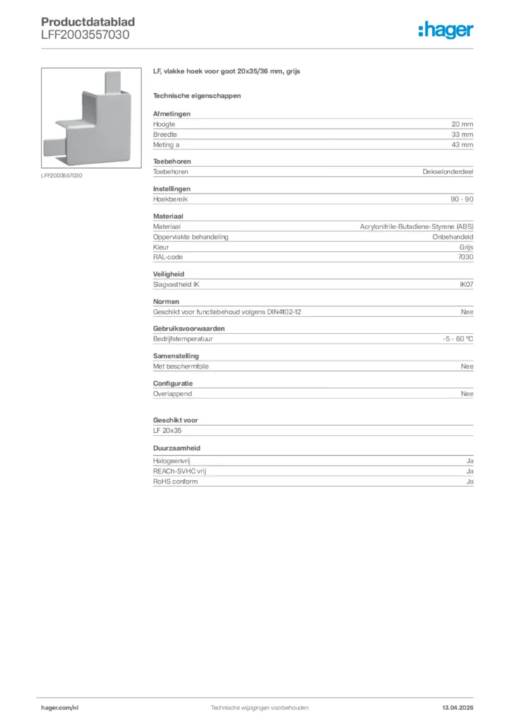 Afbeelding Hager Productdatablad LFF2003557030 | Hager Nederland