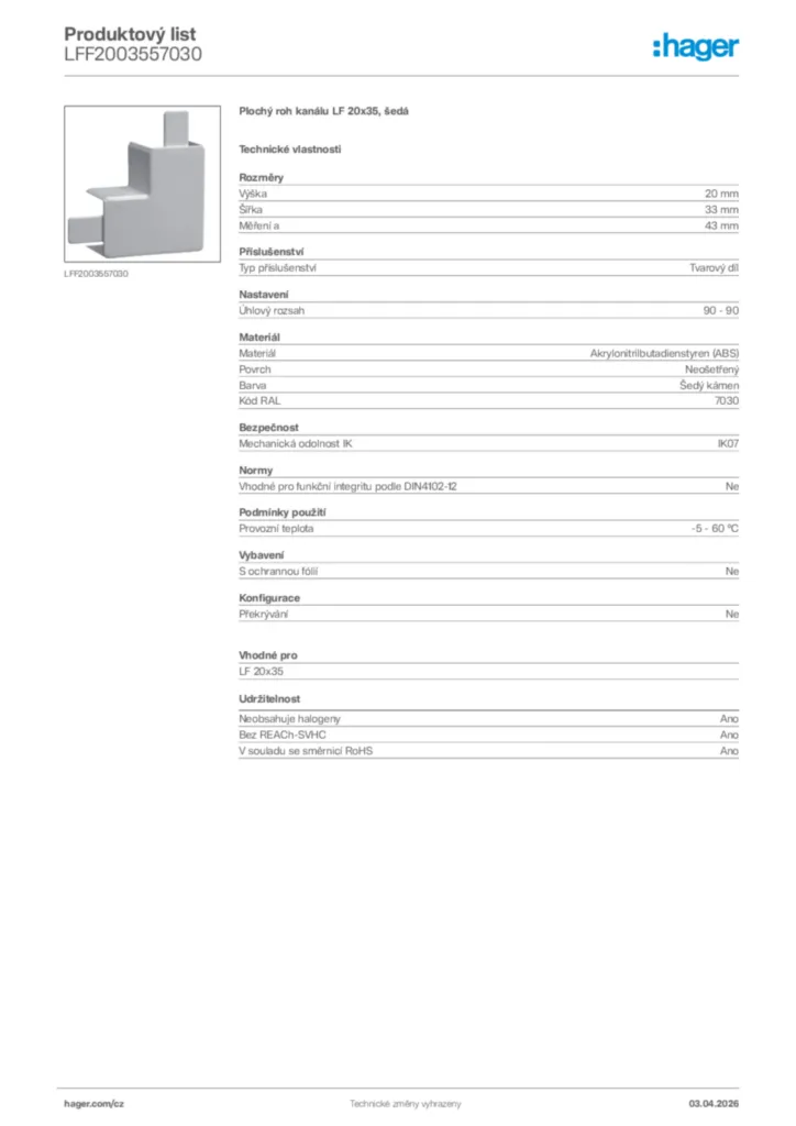 Obrázek Hager Product data sheet LFF2003557030 | Hager