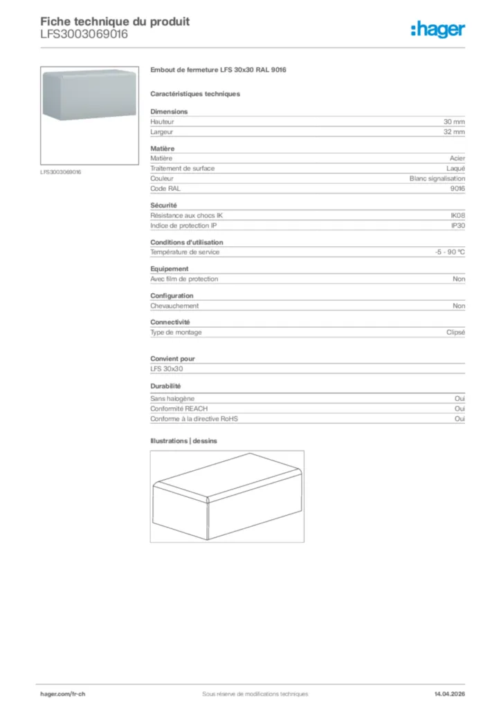 Image Hager Fiche technique du produit LFS3003069016 | Hager Suisse