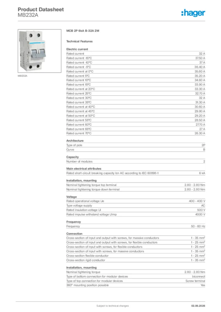 Image Hager Product data sheet MB232A  | Hager Africa