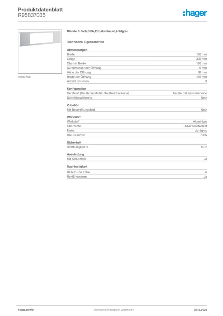 Bild Hager Produktdatenblatt R95837035 | Hager Deutschland