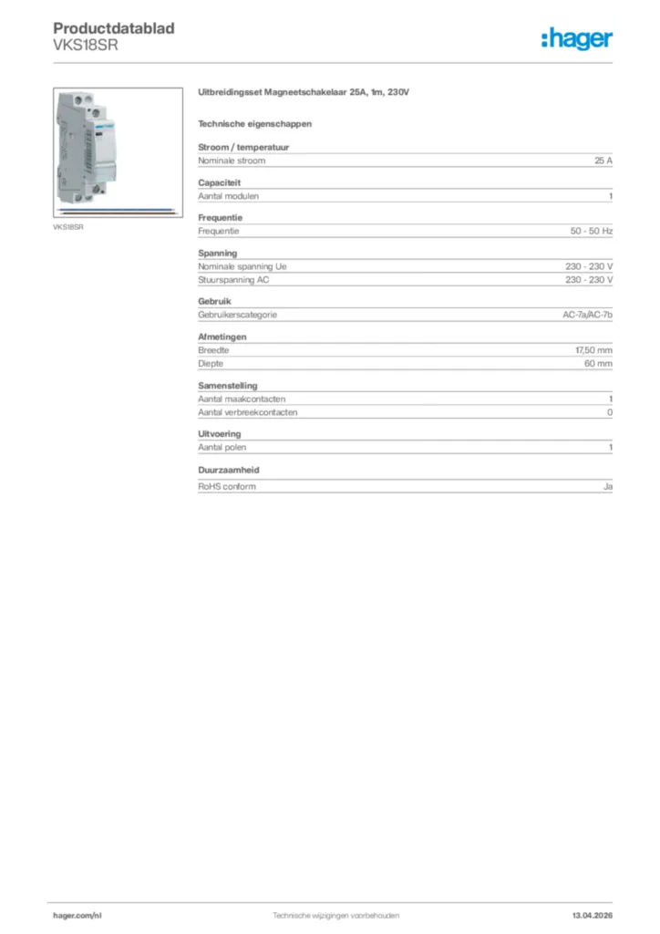 Afbeelding Hager Productdatablad VKS18SR | Hager Nederland