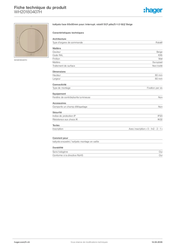 Image Hager Fiche technique du produit WH20180407H | Hager Suisse