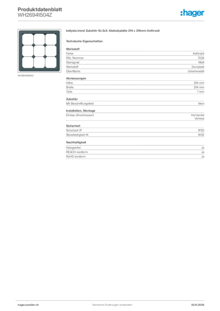 Bild Hager Produktdatenblatt WH26941504Z | Hager Schweiz